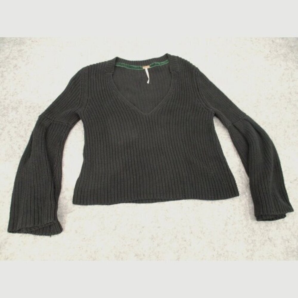 Free People Womens Sweater XS Black Cable Knit Bell Sleeve Ladies V Neck Casual